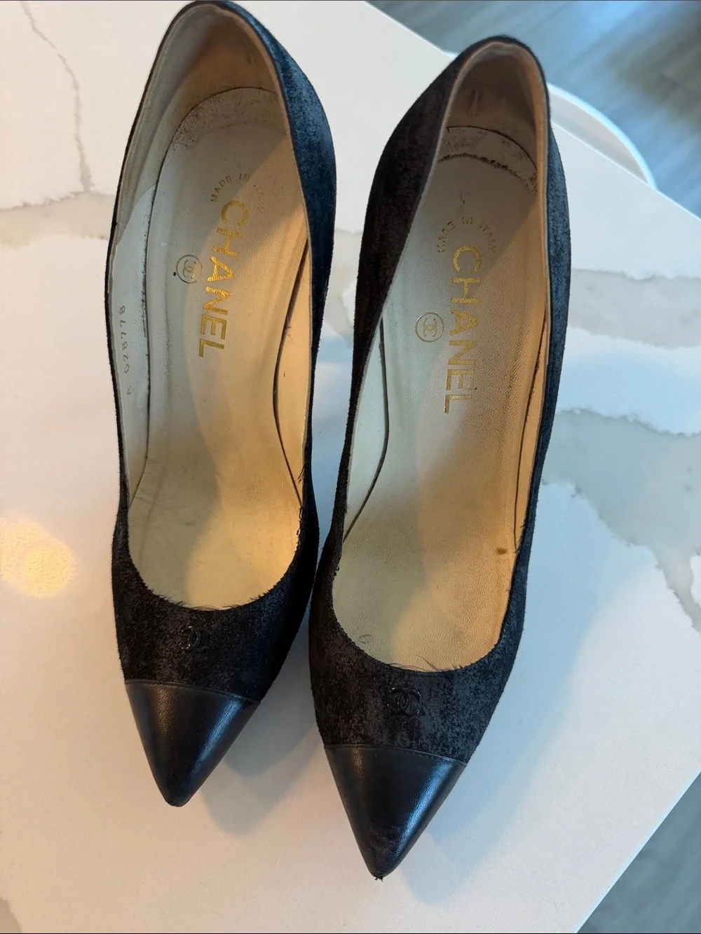 CHANEL Black Suede with Leather Cap Toe Pointed Pumps
